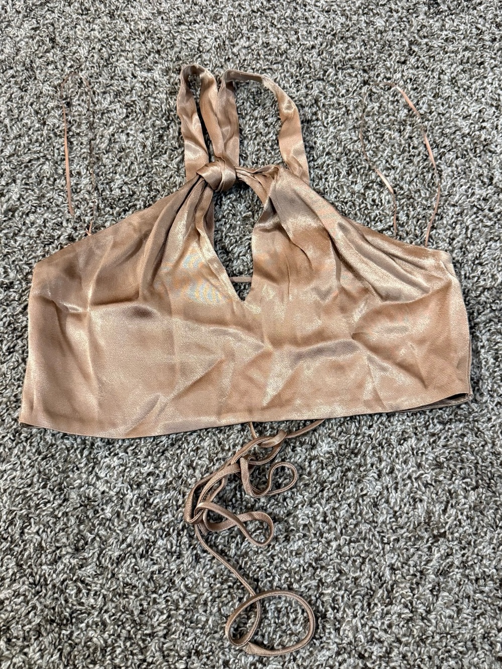 Champagne, Bronze, Satin, Keyhole, Backless, Tie Halter, Size Small Crop Top